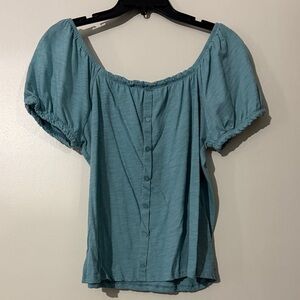 SO Teal Puff Sleeve Button-Front Blouse